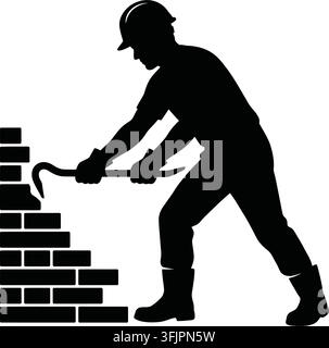 Maurer, der mit einer Ziegelmauer arbeitet, schwarze Silhouette auf weißem Hintergrund Stock Vektor