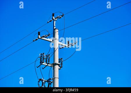 Nahaufnahme eines Beton-Mastes, der mit Isolatoren, Kabeln und Verteilungszubehör ausgestattet ist, vor einem lebendigen, klaren blauen Himmel mit Kopierplatz. Stockfoto