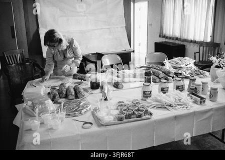 Diese Szene, aufgenommen in Milpitas, Kalifornien im Jahr 1982, zeigt ein vorbereitetes Buffet für eine Indoor-Veranstaltung. Eine Frau arrangiert Lebensmittel, darunter Brötchen und Sandwichbeläge, auf einem langen Tisch, der mit einem weißen Tuch bedeckt ist. Der Raum verfügt über einfache Möbel, darunter Stühle und Fensterdekorationen, was auf eine lässige, wohnliche Umgebung hindeutet. Milpitas, Santa Clara County, Kalifornien, USA Stockfoto