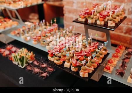 Verschiedene Gourmet-Vorspeisen und Canapés bei einer festlichen Veranstaltung Stockfoto