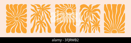 Satz von hawaiianischem, karibischem Inseln handgezogenem Neonhintergrund, Poster, Design mit organischer unregelmäßiger Form Sonnenstrahl, Sonnenaufgang, Sonnenuntergang, schrullige Kokosnuss pa Stock Vektor