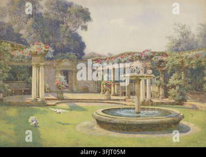 Zeichnung, die die Landschaft des Fountain Court Dyffryn darstellend, von Edith Helena Adie (1865-1947), aus der Edith Helena Adie-Kunstsammlung, datiert 1923. Eine sonnenbeschienene Gartenszene mit einem steinernen Brunnen in der Mitte, umgeben von grünem Rasen, einer mit rosa und roten Blumen geschmückten Kolonnade, beigen Steingebäuden, schattigen Bäumen in gedämpften Grüntönen und Lila, und einigen weißen Vögeln auf dem Gras. Aquarellmalerei, 26,5 cm x 36,5 cm (Querformat), auf Karton. LR: signiert vom Künstler: 'E.H. Adie'; Rückseite: Skizze. Stockfoto