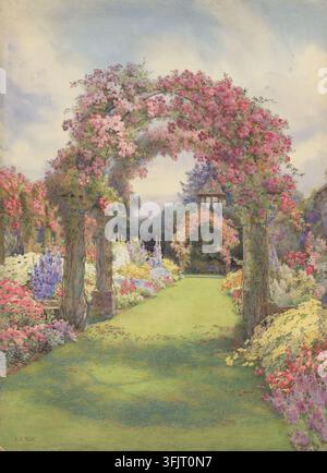 Zeichnung, die ‚The Italian Terrace Dyffryn‘ von Edith Helena Adie (1865-1947) zeigt, aus der Edith Helena Adie-Kunstsammlung, datiert 1923. Ein grasbewachsener Pfad, der von einem mit rosa und weißen Blüten bedeckten Holzbogen eingerahmt wird, führt durch einen üppigen Garten mit mehreren Blumenbeeten in Rosa-, Lila-, Gelb-, Weiß- und Grüntönen, mit einem entfernten Holzgebäude und einem hellblauen Himmel darüber. Aquarellmalerei, 36,5 cm x 26,5 cm, Pappkarton. LL: vom Künstler signiert: ‚E.H. Adie‘. Stockfoto