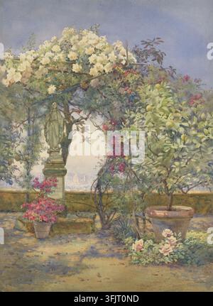 Zeichnung, die die Gärten der Villa San Girolamo Fiesole darstellt, von Edith Helena Adie (1865-1947), aus der Edith Helena Adie-Kunstsammlung, datiert 1922. Eine Gartenszene, die eine Statue auf einem Sockel zeigt, teilweise beschattet von einem blühenden Torbogen mit weißen Blüten, umgeben von Topfpflanzen und Kletterpflanzen mit rosa und roten Blüten, Grünpflanzen und zitronenähnlichen Früchten, vor einem hellblauen Himmel mit sanften warmen Bodentönen. Aquarellmalerei, 36,5 cm x 26,5 cm, Pappkarton. LL: signiert von der Künstlerin: 'E.H. Adie', Verso: 'Im Garten der Blauen Nonnen. Villa San Girolamo, Fiesole. 22. Mai (sehr heiß) 25 gs'. Stockfoto