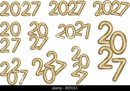 Goldene aufblasbare Folienballon-Zahlen 2027-Set. Diese Sammlung glänzender metallischer goldener Zahlen ist perfekt für Neujahrsfeiern und Party-Dekoration Stock Vektor