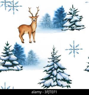 Ein niedliches Winter-Muster ohne Ende mit Weihnachtsbäumen, Schneeflocken und einem Hirsch. Ein Aquarell-Feiertags-Hintergrund. Eine schneebedeckte Landschaft mit Bäumen und Wald Stockfoto