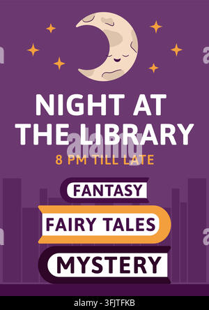Flyer für eine Nacht in der Bibliothek, schlafender Mond. Niedlicher Halbmond. Fantasy-Lesereign-Postervorlage Stock Vektor