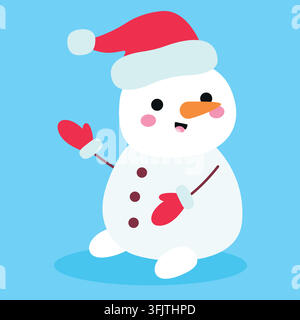 Niedlicher Weihnachts-Schneemann mit Weihnachtsmannmütze und Handschuhen Vektorillustration handgezeichnetes Winterelement isoliert auf blauem Hintergrund Stock Vektor