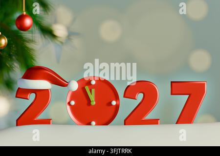3D-Weihnachtsbanner-Symbol mit großen Volumenzahlen des Jahres 2027 und roter Uhr auf Schnee. Neujahrsfeiertagskarten-Vorlage mit Weihnachtsmannmütze, Tannenast und c Stockfoto