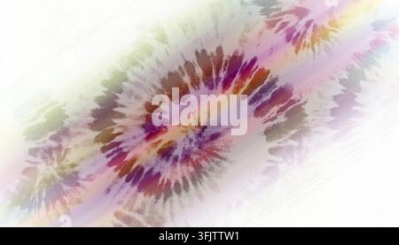 Ein abstraktes pastellfarbenes Batikmuster mit rosa, lila, gelben und schwarzen Wirbeln, isoliert auf einem sauberen weißen Hintergrund. Stockfoto
