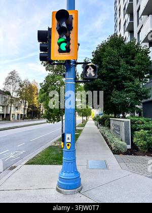 Eine hellblaue Ampelmast steht auf einem Gehweg mit dem grün leuchtenden Signal und leitet Fahrzeuge und Fußgänger sicher durch die Stadtstraße. Stockfoto