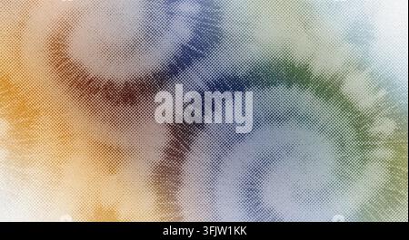 Ein abstraktes Halbtone-Muster mit einer farbenfrohen Palette aus Blau, Orange und Grün, das wirbelnde kreisförmige Formen und strukturierte Punkte aufweist. Stockfoto