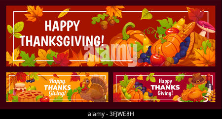 Fröhliche Thanksgiving-Feierbannersets mit orangefarbenen Kürbissen, Füllhorn, Cartoon-Truthahn, Kuchen und Herbstblättern. Saisonal lebendige Banner für Stock Vektor