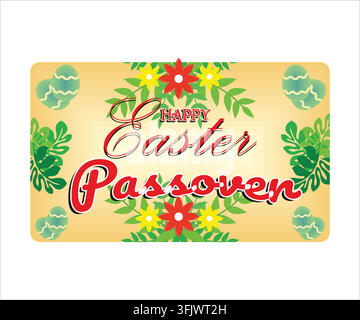 Frohe Ostern und Passah. Handschriftlicher Text mit Eiern, Blumen und Blättern. Typografie für Osterdekorationen. Flache Vektor-Modillustration Stock Vektor