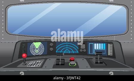 Vektorillustration einer Raumschiffbrücke mit digitalen Anzeigen, Navigationsmonitoren und Steuerjoysticks. Stock Vektor