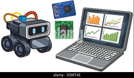 Vektorillustration eines Rollenroboters neben einem Laptop, der Datendiagramme und Mikrochips anzeigt. Stock Vektor