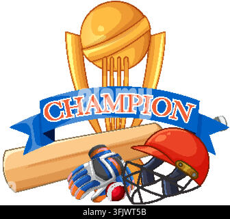 Vektorillustration von Kricket-Ausrüstung einschließlich Trophäe, Schläger, Helm und Handschuhe auf weißem Hintergrund Stock Vektor