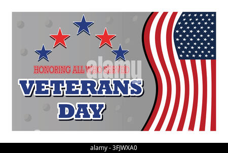 Glückliches Veterans Day-Konzept aus amerikanischer Flagge und Text auf dunklem Stein-Hintergrund. Flache Vektor-Modillustration Stock Vektor
