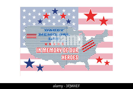 Froher Gedenktag. Zum Gedenken an unsere Helden. Handgeschriebene Grußkarte mit strukturierter Skizze der US-Silhouettenkarte. Flache Vektor-Modellillustration Stock Vektor