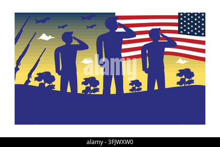 Silhouetten von Armeesoldaten mit USA-Flagge. Grußkarte für Veterans Day, Memorial Day, Independence Day. Konzept der Streitkräfte. flacher Vektor modern Stock Vektor