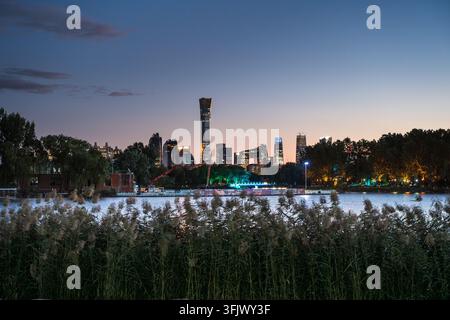 Moderne Stadtsilhouette am Seeufer mit Schilfrohr in Peking Stockfoto