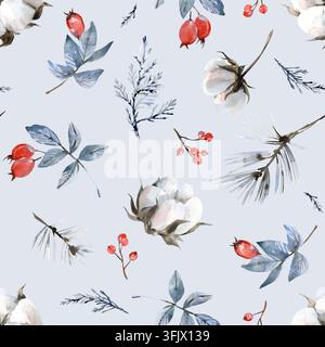 Ein nahtloses winterliches Aquarell-Blumenmuster mit Baumwolle, Hagebuttenzweigen, Kiefer, Wacholder und Beeren Stockfoto