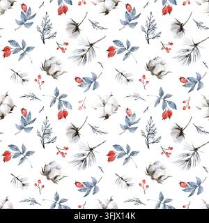 Ein nahtloses winterliches Aquarell-Blumenmuster mit Baumwolle, Hagebuttenzweigen, Kiefer, Wacholder und Beeren Stockfoto