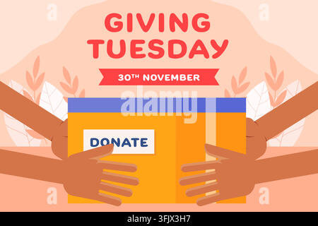 Giving Tuesday Horizontal-Banner-Design mit Händen, die eine Spendenbox halten Stock Vektor