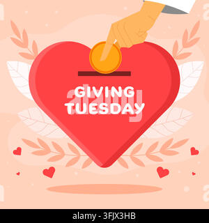 Giving Tuesday Quadratisches Banner, das eine Münze in eine Herz-Spardose steckt Stock Vektor