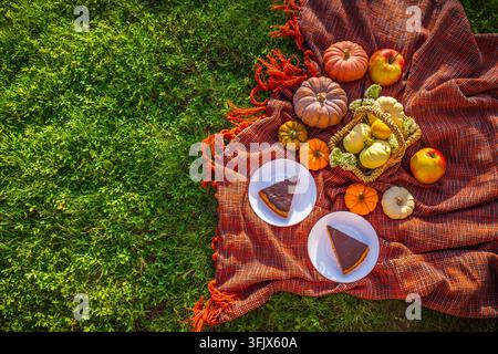Ein gemütliches Herbstpicknick mit Scheiben Nusskuchen und frischen Kürbissen auf einer rustikalen karierten Decke Stockfoto