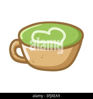 Cartoonartige Illustration einer hellbraunen Tasse gefüllt mit grünem Matcha-Latte mit einem weißen herzförmigen Schaumdesign. Gemütliche Café-Kunst perfekt fo Stockfoto