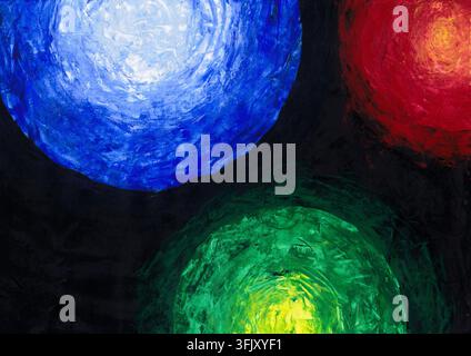 Acrylgemälde von abstrakten kreisförmigen Formen in lebhaftem Blau, Rot, Grün und Weiß mit leuchtenden Zentren, geschaffen in einem expressiven Malstil Stockfoto