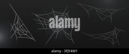 Realistisches Set von Spinnweben isoliert auf transparentem Hintergrund. Vektorillustration von Spinnennetzmustern für Halloween-Designs, gruselige Hintergründe und gotische Dekorationselemente mit Spinnen-Details Stock Vektor