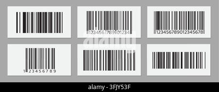 Barcode-Vektor-Icons mit Seriennummer und Preisschild, realistisches Vektordesign isoliert auf Hintergrund. Schwarz-weiß-Datenliniencode für Produktidentifikation, Einzelhandelsverpackung, Supermarktaufkleber Stock Vektor