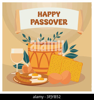 Eine flache Illustration der traditionellen Matzen, Eier und des Kelches für Pesach. Flache Vektor-Moderne-Illustration Stock Vektor