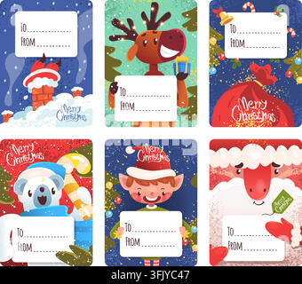 Weihnachtsgeschenketiketten. Frohe Weihnachtsgrüße Geschenkkartentikett, Winterferienaufkleber-Etikett-Badge Weihnachtsmann-Tüte Elf Hirsch Bär Baum Schnee Glocke Beeren Cartooncharaktere Set Vektorillustration Originalgrafik Stock Vektor