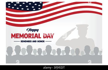 Gedenktag mit Flaggen und Soldaten im Hintergrund. Amerikanisches nationales Feiertagsereignis. Flachvektorgrafik. Stock Vektor