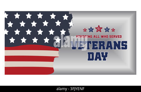 Veterantag in Amerika. Amerikanische Flagge und Text auf dunklem Steinhintergrund. Flache Vektorillustration. Stock Vektor