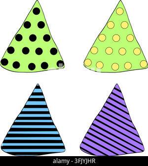 Satz bunter Partyhüte. Isolierte Ikone handgezeichnete Illustration. Vektorgrafik Strich-Tinten-Kunst. Helle festliche Kegelkappen für Geburtstag, Feiertag, Kinder Stock Vektor