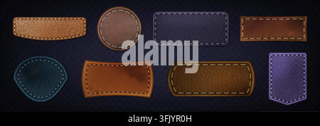 Realistisches Set von Ledertags mit genähten Kanten, isoliert auf transparentem Hintergrund. Vektorillustration von Vintage-braunen und blauen Texturraschen für Etiketten, Abzeichen und Bastelmodedesigns Stock Vektor