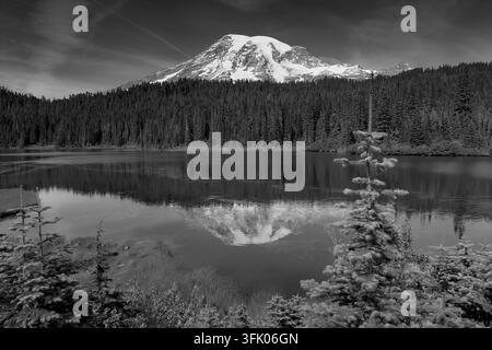 Reflection Lake im Mount-Rainier-Nationalpark in Washington in Schwarz-Weiß Stockfoto
