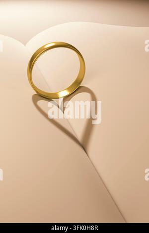 Ein goldener Ring, der einen herzförmigen Schatten auf ein Buch wirft Stockfoto