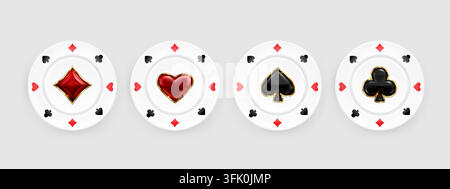 Weiße runde Pokerchips mit Kartensymbolen in lebhaften Farben. Realistische Casino-Tokens mit glänzender Oberfläche. Premium-Glücksspiel-Elemente für Vegas-Stil-Unterhaltung. Isolierte Vektor-Sammlung. Stock Vektor