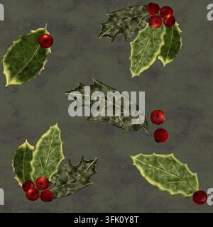 Hollyblätter und rote Beeren Aquarell nahtloses Muster auf texturiertem Grün. Winter in traditionellen Weihnachtsfarben, perfekt für Geschenkpapier Stockfoto