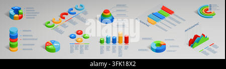 Isometrisches Infografik. 3D-Grafikdiagramm Kuchen, statistisches Diagramm oder runde Balken-Infoset für den Markt. Geschäftsdatenvisualisierung mit Ergebnissen und Trichterdiagrammen für Analysen, vektorisoliertes Design Stock Vektor