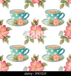 Schönes nahtloses Aquarellmuster mit Teetasse, rosa Wildrosenblüte mit Schmetterling Stockfoto