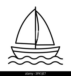 Eine Schwarz-Weiß-Zeichnung eines Segelboots auf dem Wasser. Das Boot ist klein und hat einen weißen Segel. Das Wasser ist ruhig. Bearbeitbarer Strich Stock Vektor