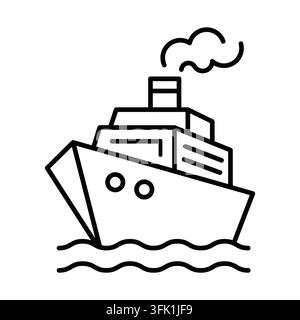 Ein großes Schiff segelt im Ozean. Das Schiff ist schwarz und weiß. Das Schiff ist der Hauptfokus des Bildes. Bearbeitbarer Strich Stock Vektor