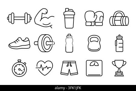 Fitness-Symbole: Hantelstange, Muskel, Shaker, Boxhandschuhe, Sporttasche, Turnschuh, Stoppuhr Stock Vektor