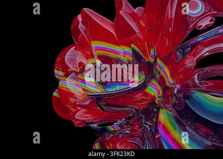 3D-gestaltetes abstraktes rotes und regenbogenfarbenes glänzendes Glasmuster Stockfoto
